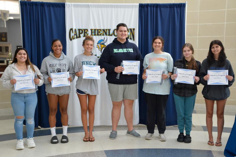 Cape High students (l-r) Noriama Ramon-Wong, Kamille Trammell, Anna Nauman, Zachary Naar, Grace Hudson, Emma Morris and Adriana Chadwick were recognized for pursing education degrees after high school. SUBMITTED PHOTO